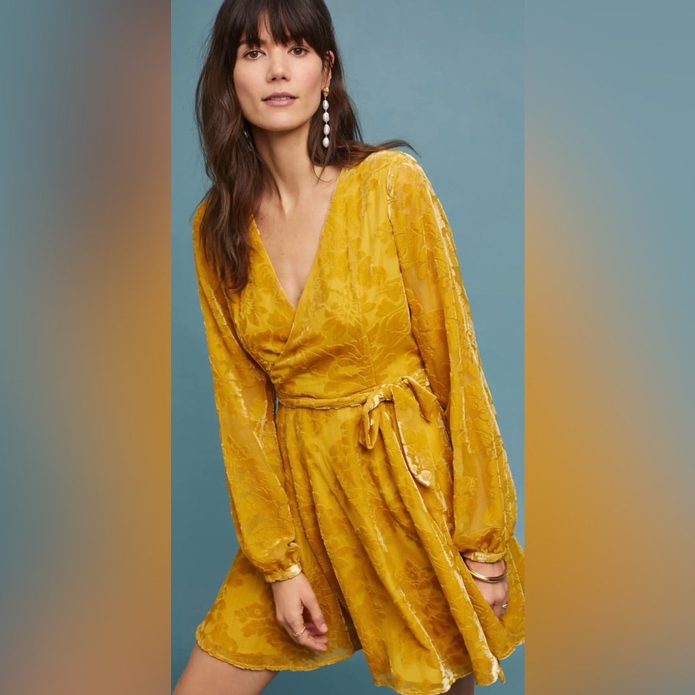 Yumi Kim for Anthropologie Yellow Wrap Dress with Long Sleeves